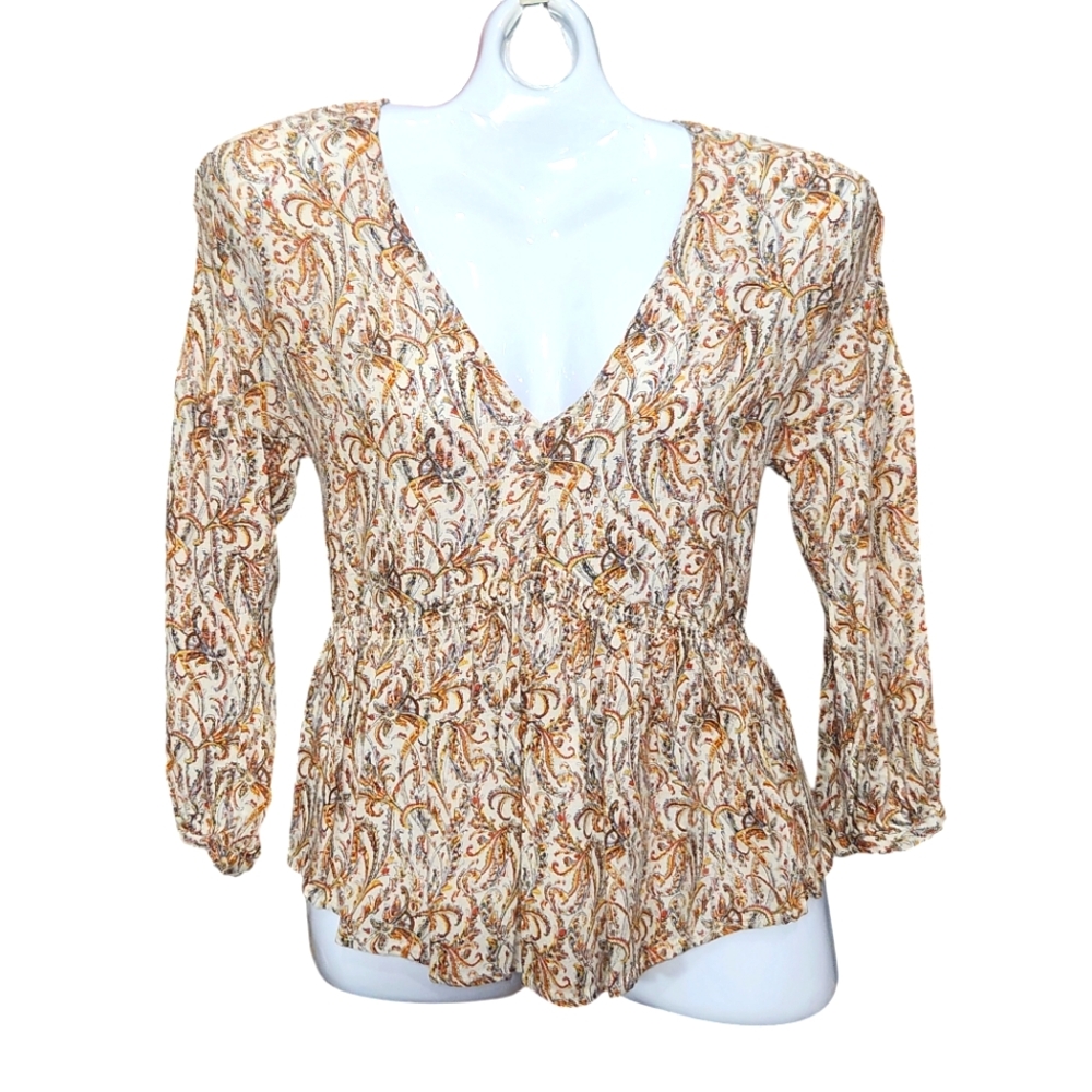 Lucky Brand Boho Casual Earth Tone Floral Top Woven Light Fabric Shirred Waist S